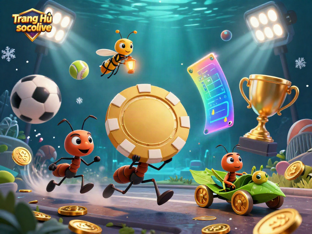 Experience engaging gameplay on Trang Chủ socolive with a lively illustration of ants carrying a giant poker chip amidst sports elements.
