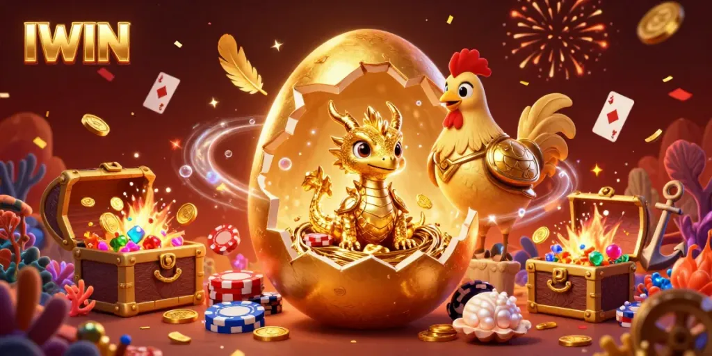 IWIN showcases a colossal golden egg revealing a sparkling golden dragon amongst poker chips, set in a vibrant casino environment.