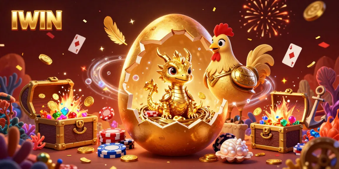 IWIN showcases a colossal golden egg revealing a sparkling golden dragon amongst poker chips, set in a vibrant casino environment.