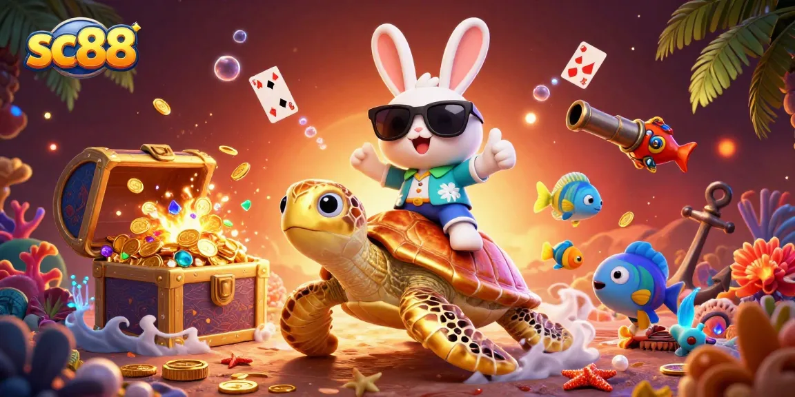 Get ready to win with sc88: Our lucky rabbit rides a golden turtle in a vibrant casino scene!