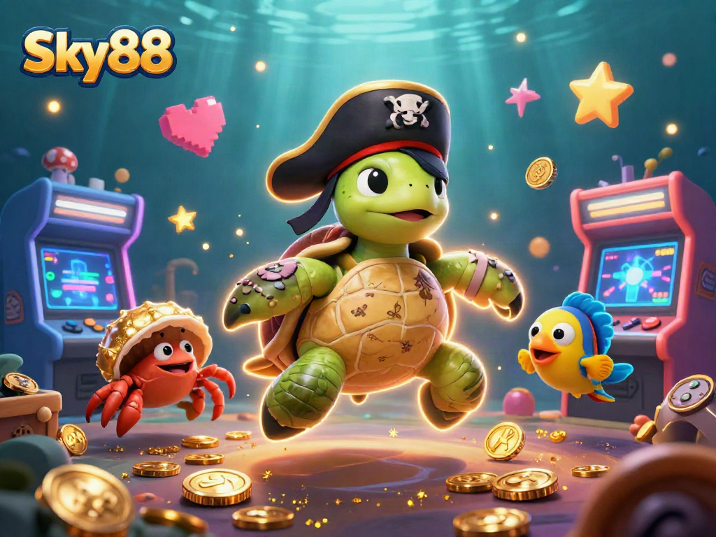 Engage with Sky88's thrilling casino adventures in a vibrant underwater scene with dynamic gaming elements.