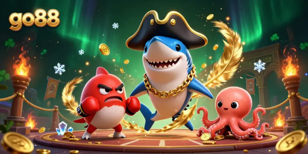 Join the adventure at go88, where a pirate shark brings luck in a vibrant casino atmosphere.