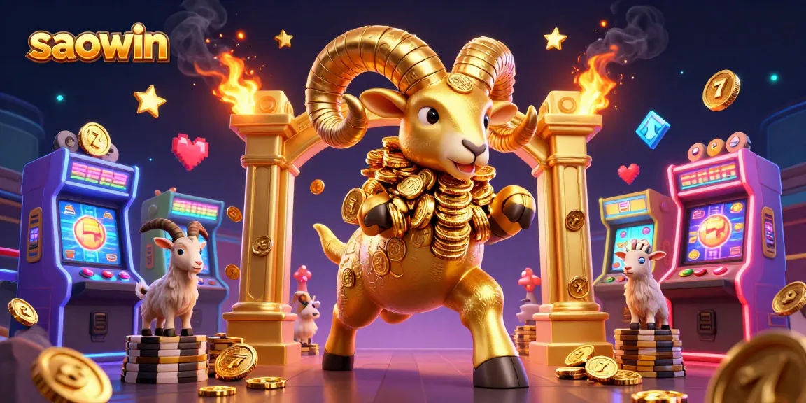 Experience the thrill of saowin with a dynamic casino scene featuring golden ram characters amidst vibrant slot game elements.
