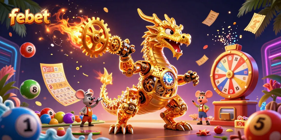 Win exciting prizes with febet's vibrant lottery elements featuring a dragon and dynamic games.