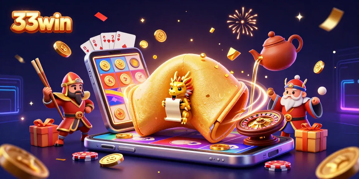 Engage with thrilling games at 33win's online casino featuring a vibrant, 3D dynamic illustration.
