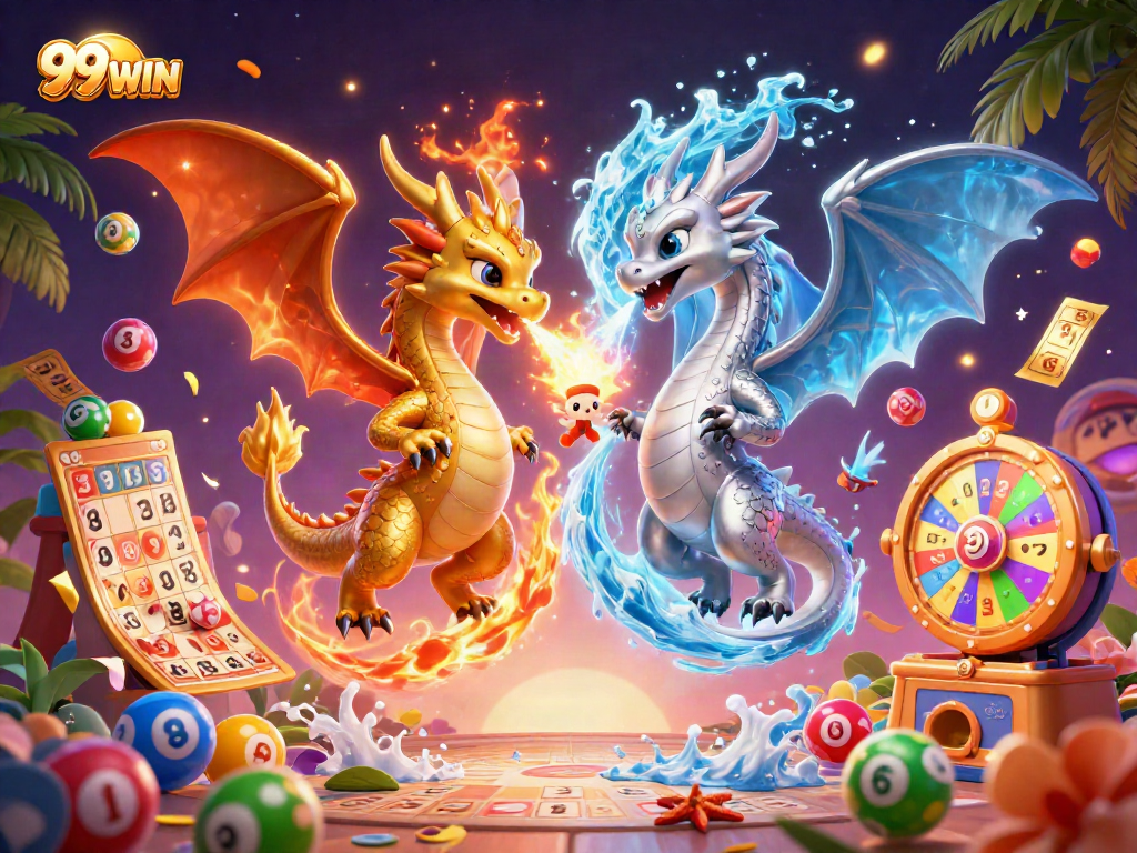 Experience thrilling gameplay with 99WIN as twin dragons unleash fire and ice in a vibrant casino scene.