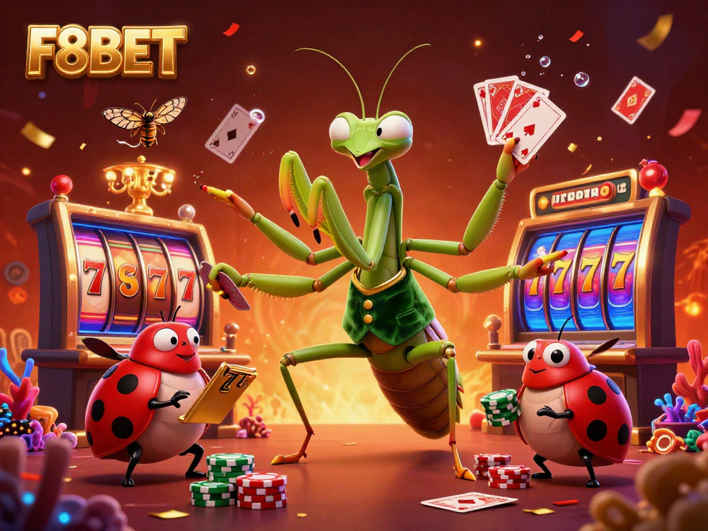 Join the excitement at F8BET with a dynamic casino scene featuring slot reels and vibrant jackpots.