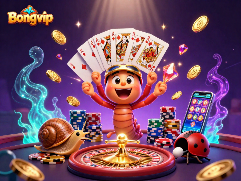 Engage in thrilling games at Bongvip with a vibrant scene of a millipede dealer and exciting casino elements.