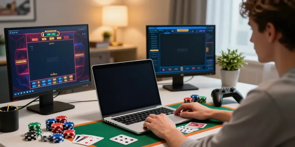 Engaging player at a computer playing at a non gamstop casino with vibrant graphics and colorful chips.