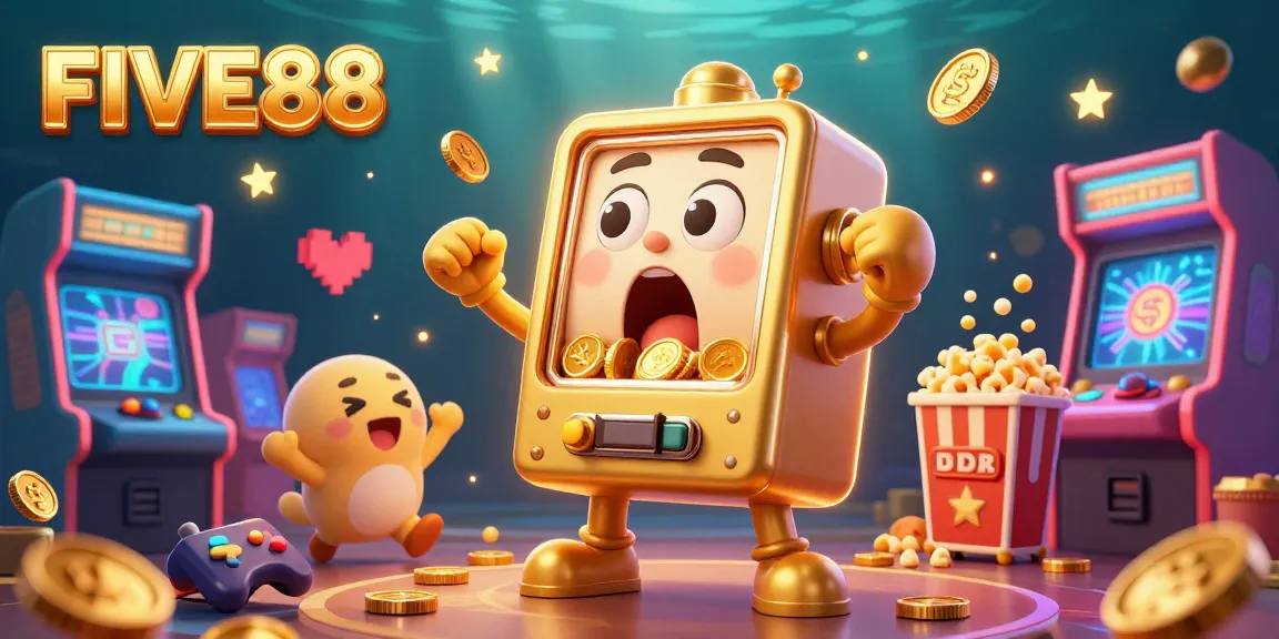Experience the excitement at FIVE88 casino with a golden slot machine hitting its jackpot amidst vibrant gaming elements.