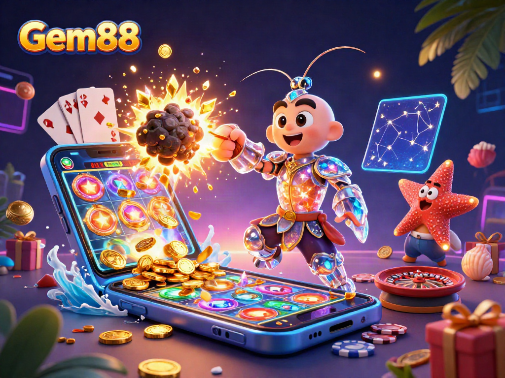 Engage with Gem88's exciting slot game action featuring colorful reels and golden coins.