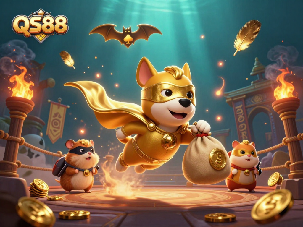 Experience QS88's thrilling adventure with a superhero dog and hamster in a vibrant casino scene.