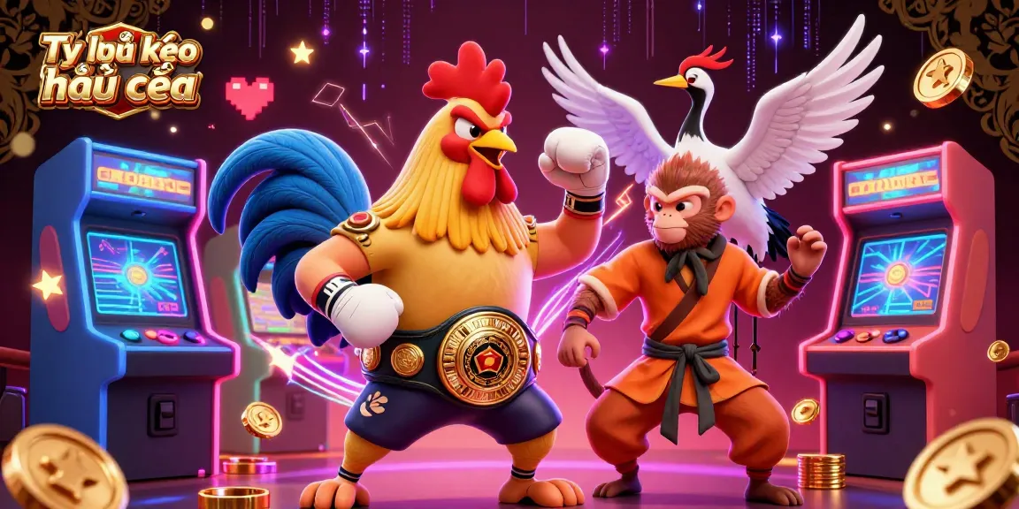 Tỷ lệ kèo nhà cái illustrated with vibrant casino characters and arcade elements to enhance gaming excitement.