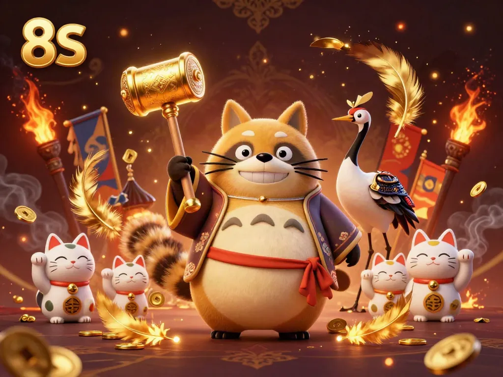 Engaging 8S casino scene with a cheerful tanuki and lucky symbols for gamblers