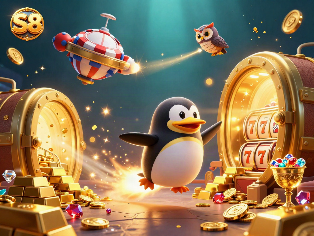 Experience the excitement of S8 casino space adventure with a golden penguin and slot reels!