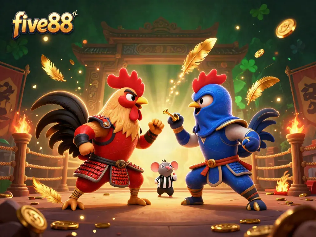 Engaging scene of twin 3D roosters in a standoff showcasing the thrilling atmosphere of five88's cockfighting arena.