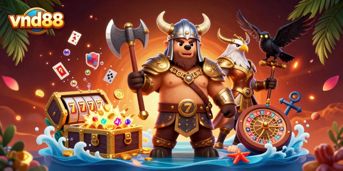 Experience the excitement of vnd88 with dynamic Viking characters amidst casino games and treasure.