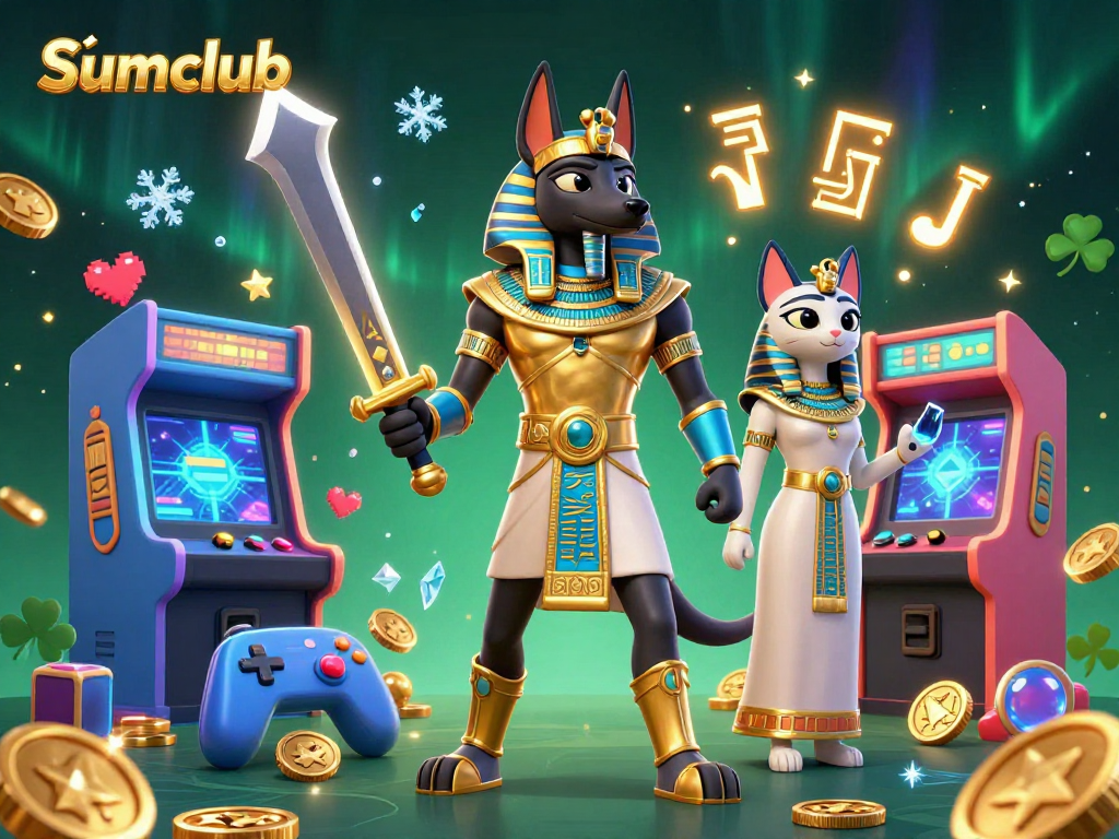 Engage with Sumclub as Anubis and Bastet unite in a 3D gaming adventure filled with vibrant colors and casino elements.