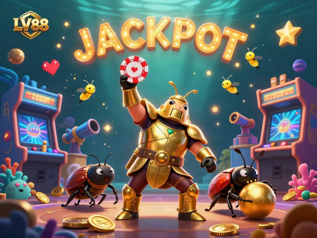 LV88 celebrates wins in fish shooting games with a triumphant beetle duo and glowing jackpots.