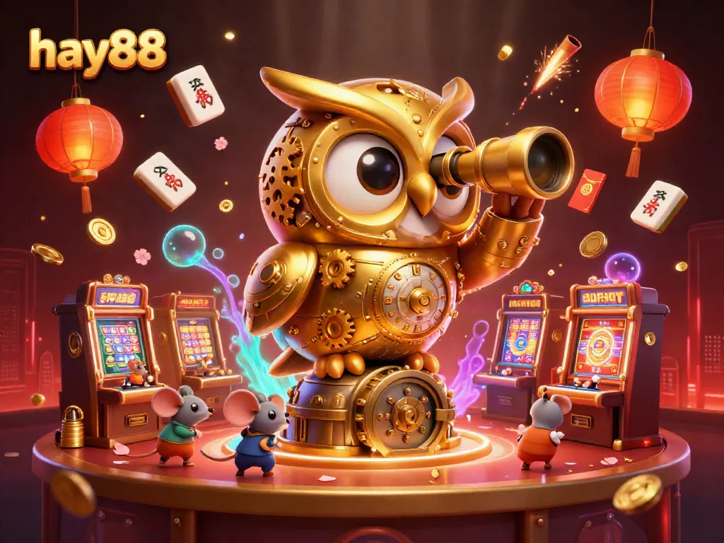 Experience the lively world of hay88, as a golden owl surveys dynamic casino action among animated slot machines.