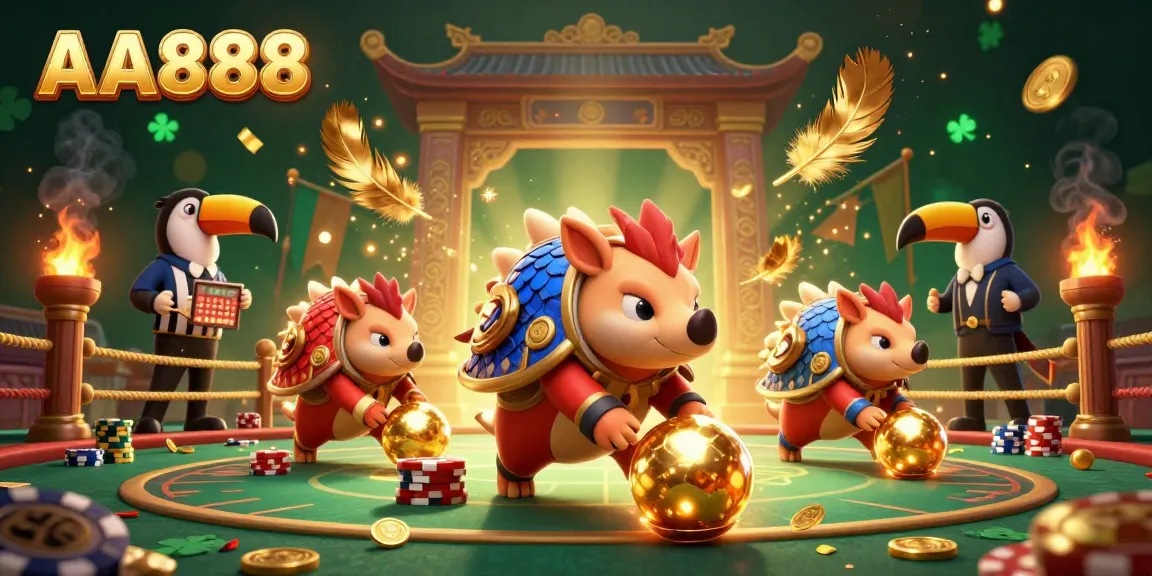 Experience the excitement of AA888 as rival pangolins compete in a vibrant casino arena with poker chips and gold coins.