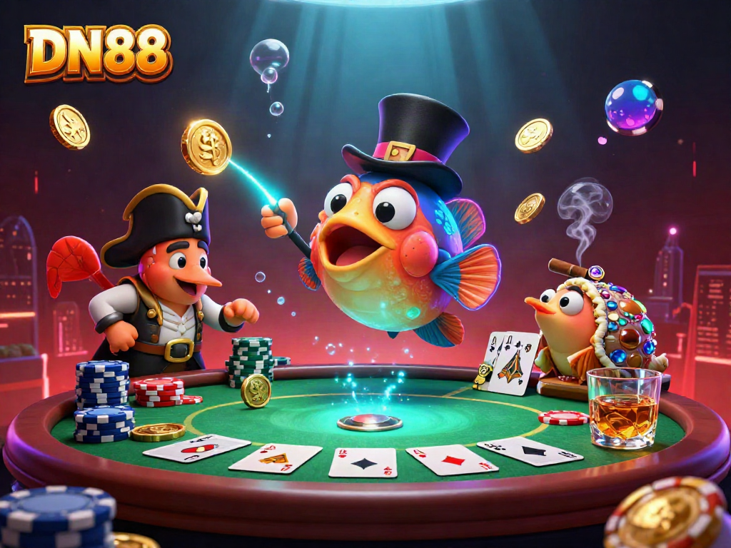 Experience the excitement of DN88 as deep-sea creatures celebrate with gold coins at a vibrant poker table.