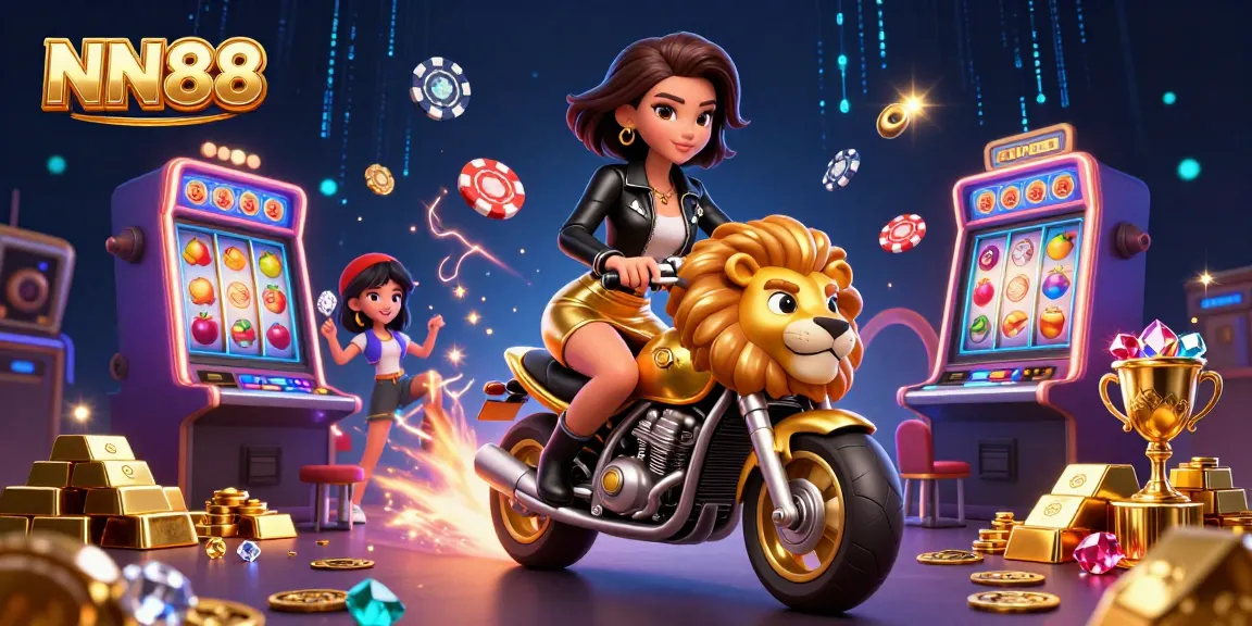 Experience the thrill at NN88 casino with a dazzling scene of a glamorous Asian woman riding a golden lion mascot.