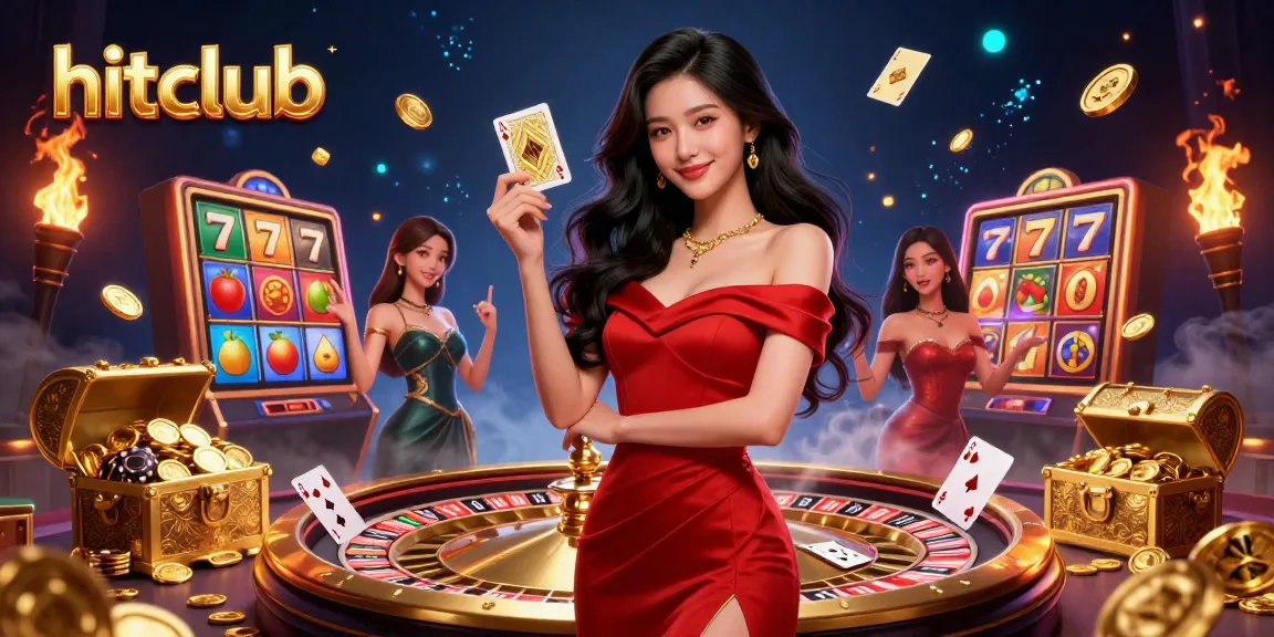 hitclub spins the jackpot wheel with a glamorous young woman showcasing her winning card.