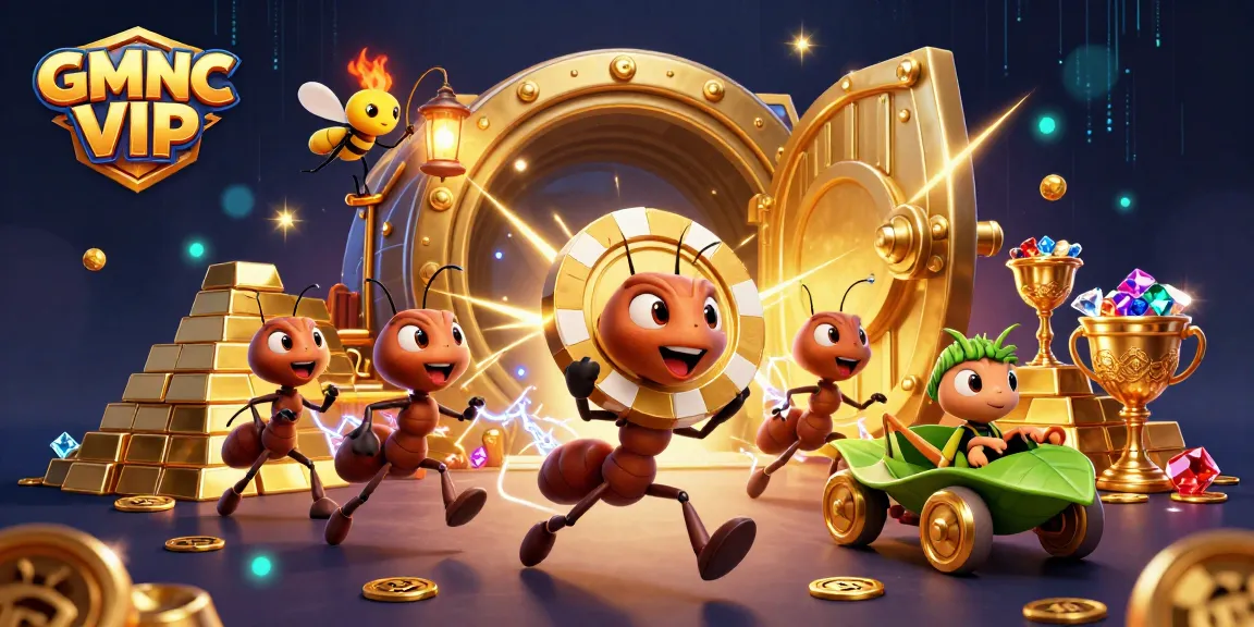 Join the GMNC VIP heist with animated ants and treasure in this vibrant gambling scene.