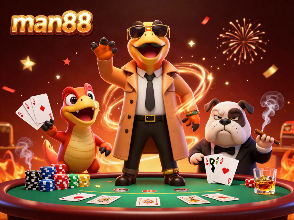 Three raptors in a trench coat sneak into a VIP casino lounge, showcasing man88 poker excitement and action.