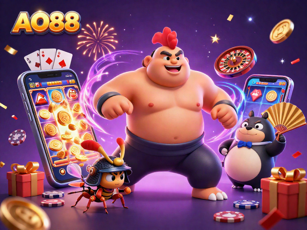 Engaging AO88-themed illustration showing a sumo wrestler rooster and a samurai cricket in a vibrant casino setting.