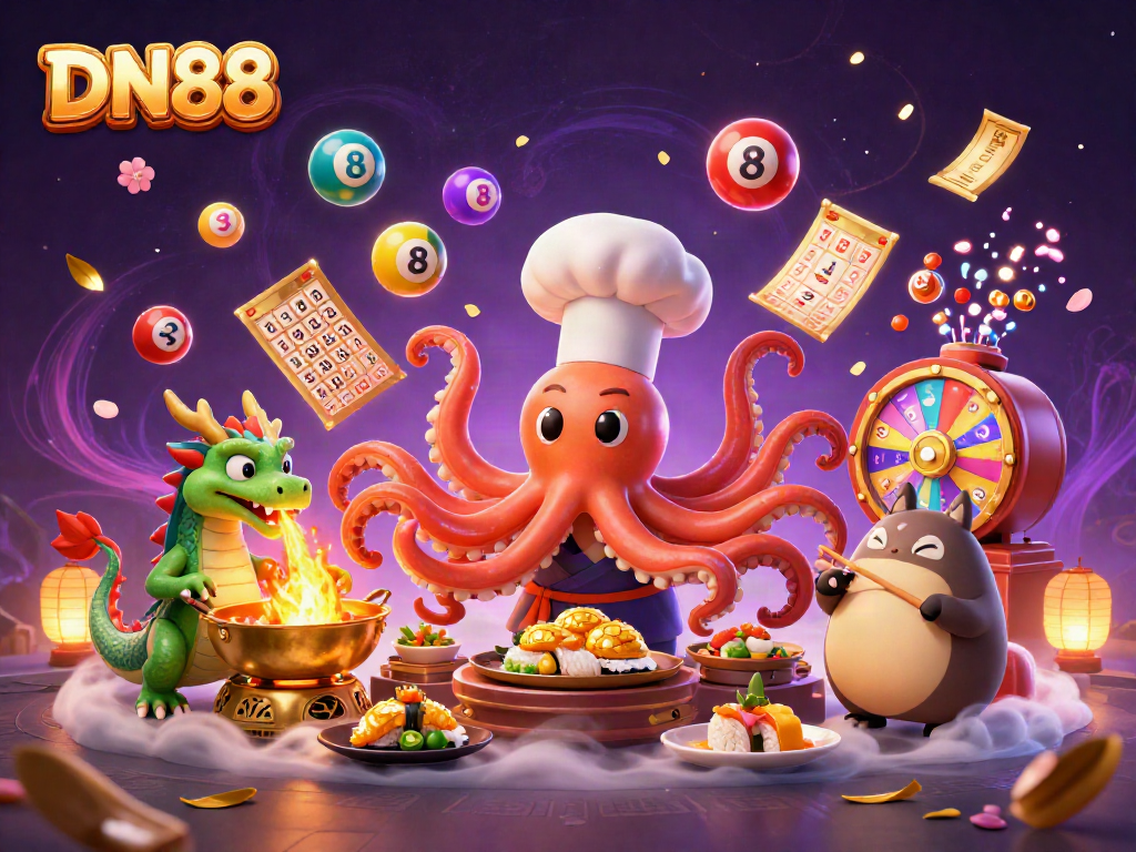 Engaging DN88 gaming scene featuring an octopus chef, dragon, and tanuki amidst vibrant casino elements.