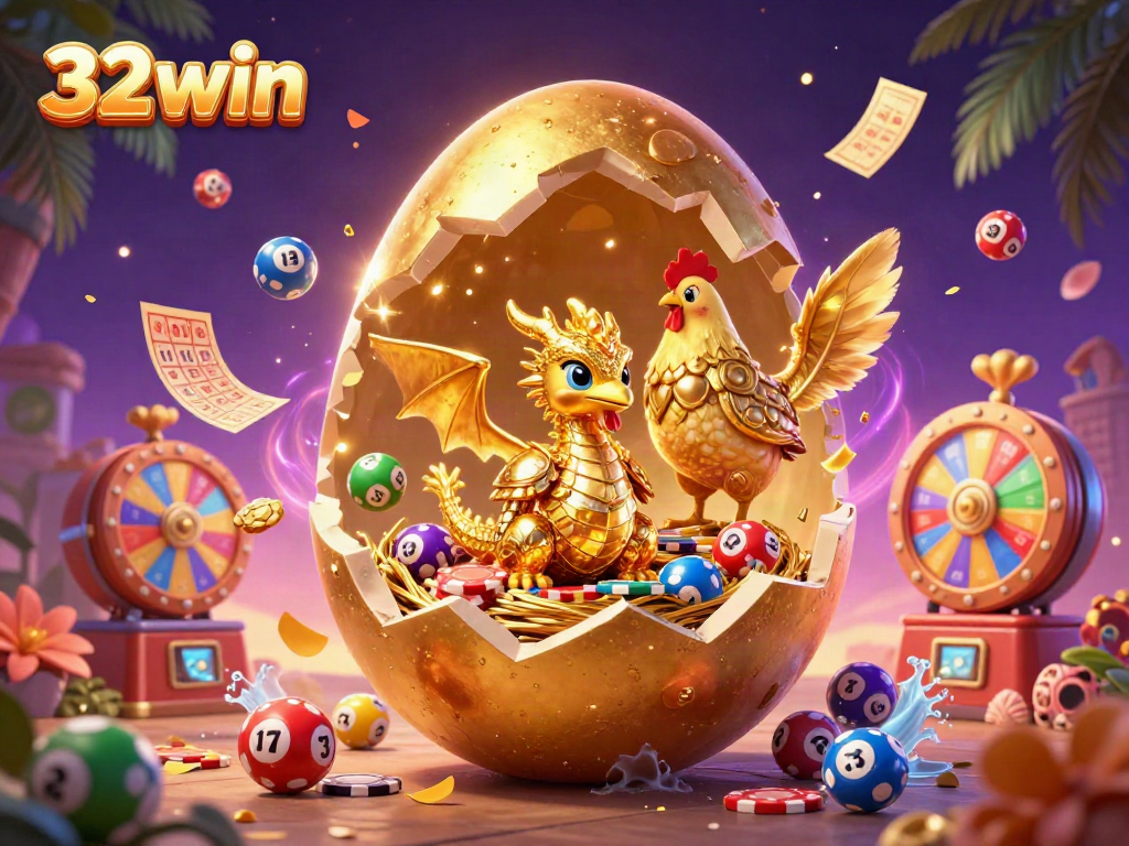 Experience thrilling 32win moments with a golden dragon, poker chips, and dynamic lottery elements.