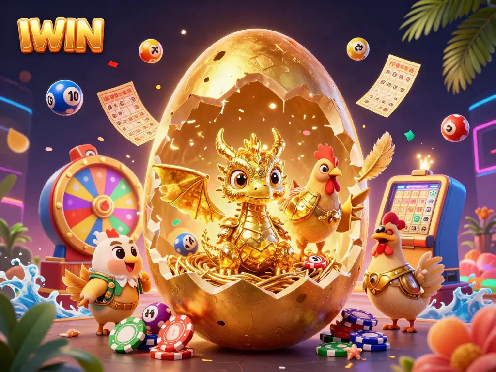 IWIN reveals a golden dragon nesting on poker chips amidst a vibrant casino celebration.