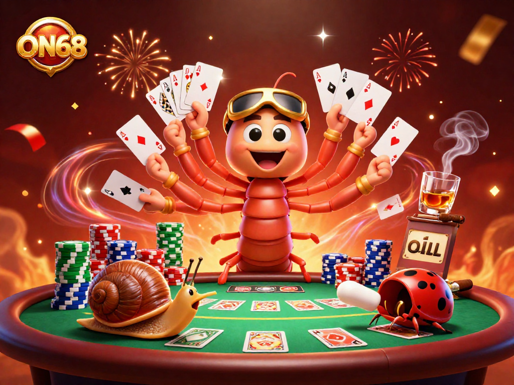 Experience exhilarating moments at ON68 with a cartoon dealer, high-roller snail, and vibrant casino action.