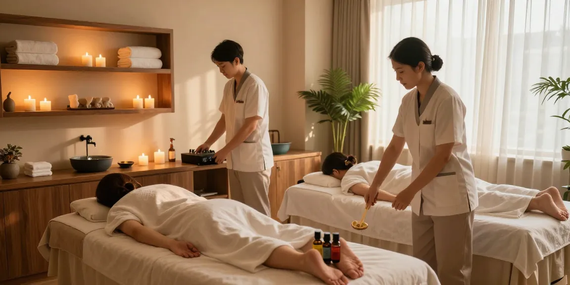 Therapists providing 하남출장마사지 in a serene, ambient wellness studio with calming elements.