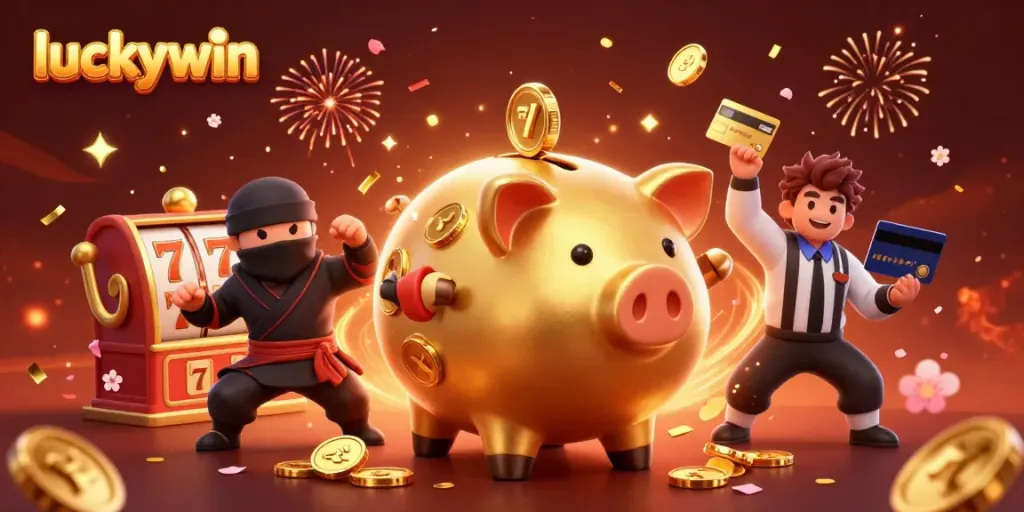 Experience big wins at luckywin with a golden piggy bank sumo wrestler and dynamic casino elements.