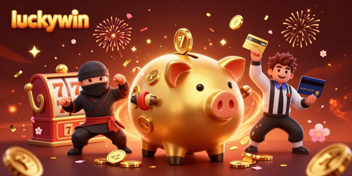 Experience big wins at luckywin with a golden piggy bank sumo wrestler and dynamic casino elements.