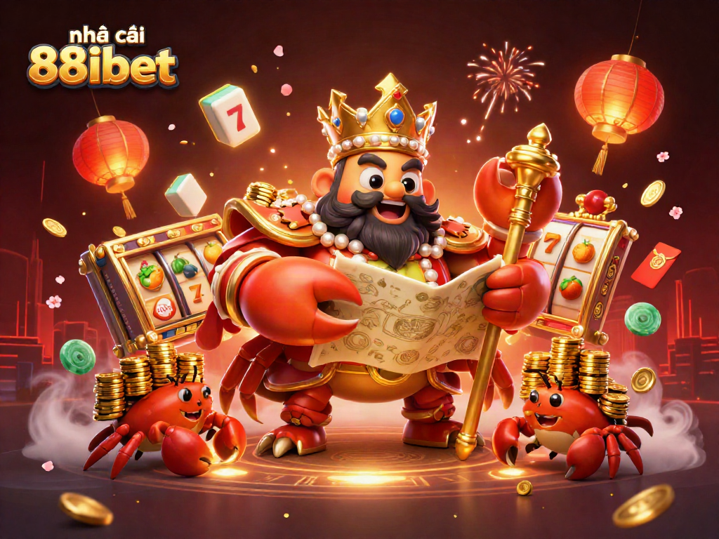 Experience excitement at nhà cái 88ibet with a vibrant scene featuring a golden crab emperor and slot games.