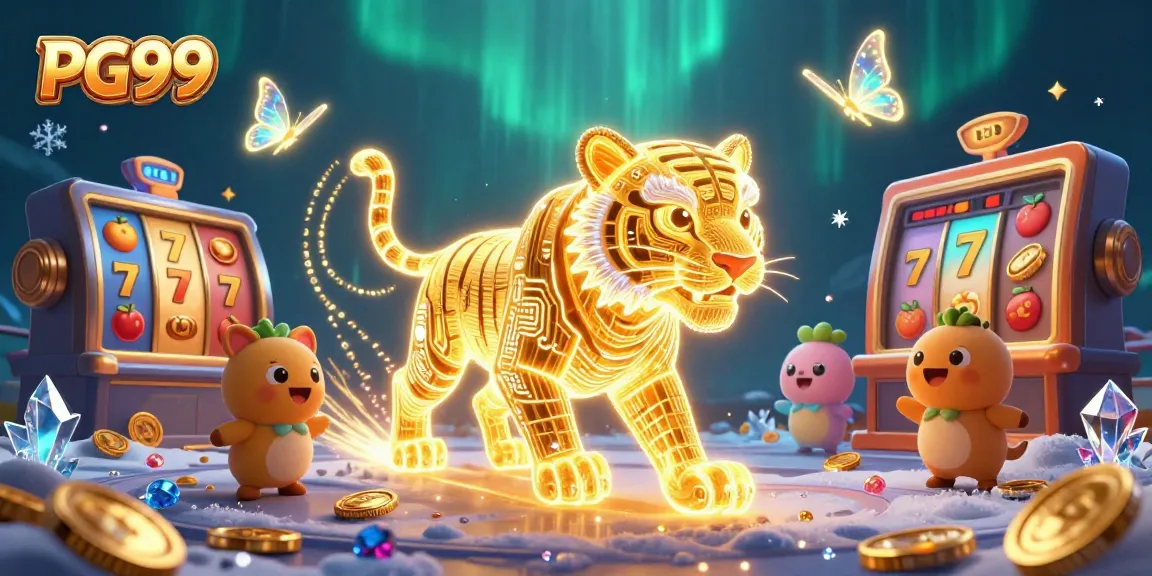 Engage in winning strategies at PG99's vibrant casino, featuring dynamic slot elements and a golden tiger.