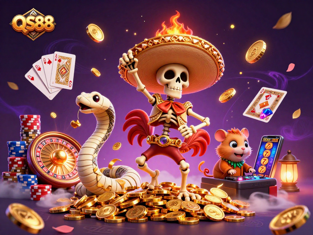 Experience thrilling victories at QS88 with animated gambling characters celebrating with coins and jackpots.