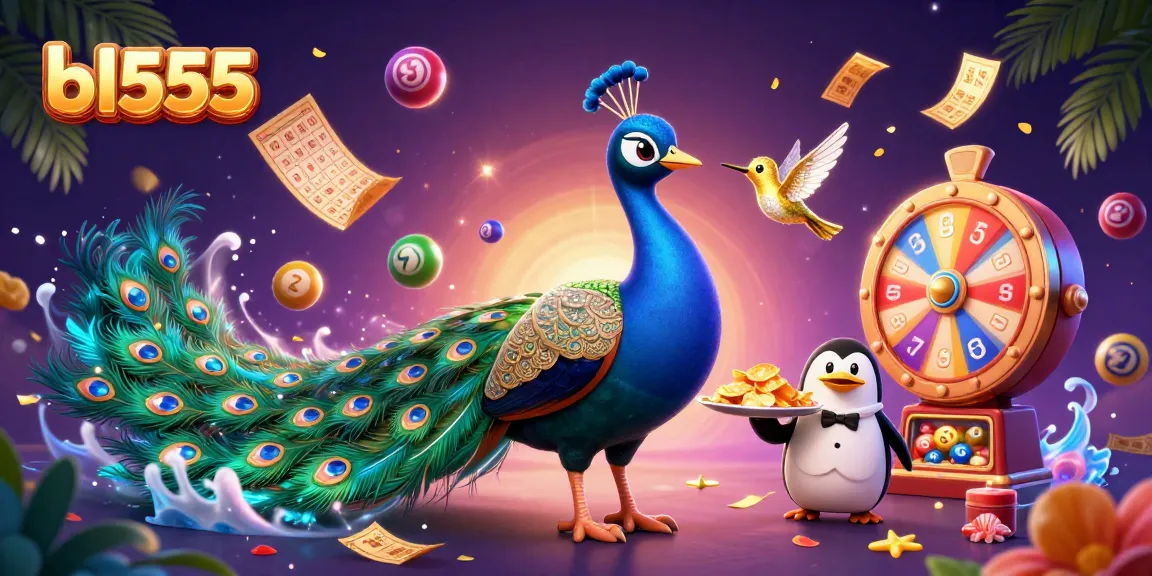 Win big at bl555 with a vibrant scene featuring a peacock, a penguin with golden chips, and dynamic lottery elements.