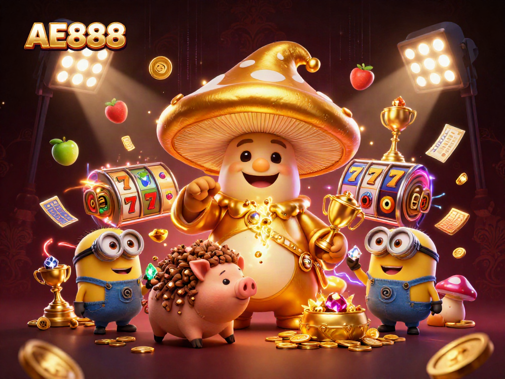 Join the magical AE888 experience with golden symbols, treasure, and slot elements in this vibrant casino scene.