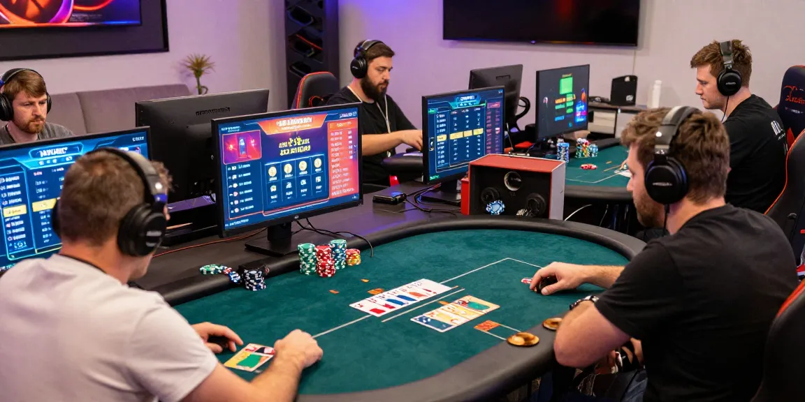 Dewapoker live tournament scene with players focused on online poker, showcasing vibrant digital tables and gaming accessories.