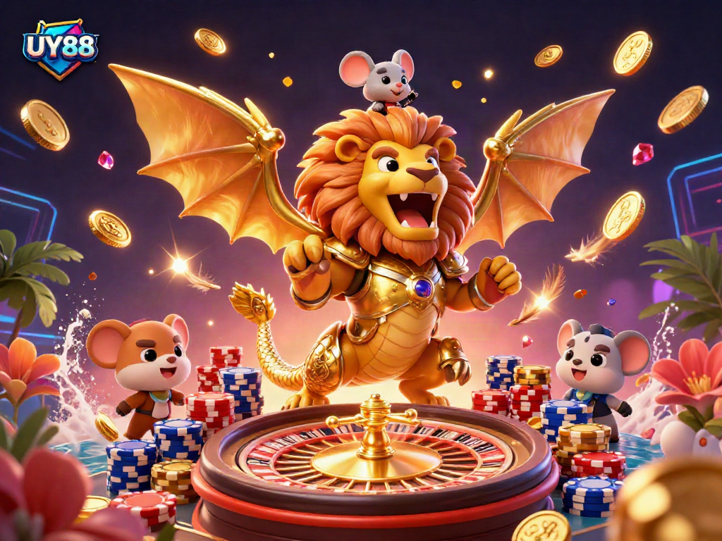 Experience UY88's thrilling gaming with golden chimera and sparkling casino elements.