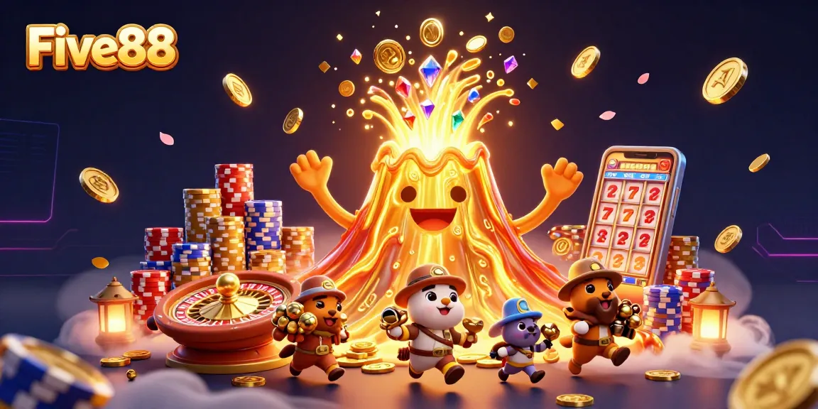 Experience winning thrills at Five88 with a vibrant 3D casino scene overflowing with treasures.