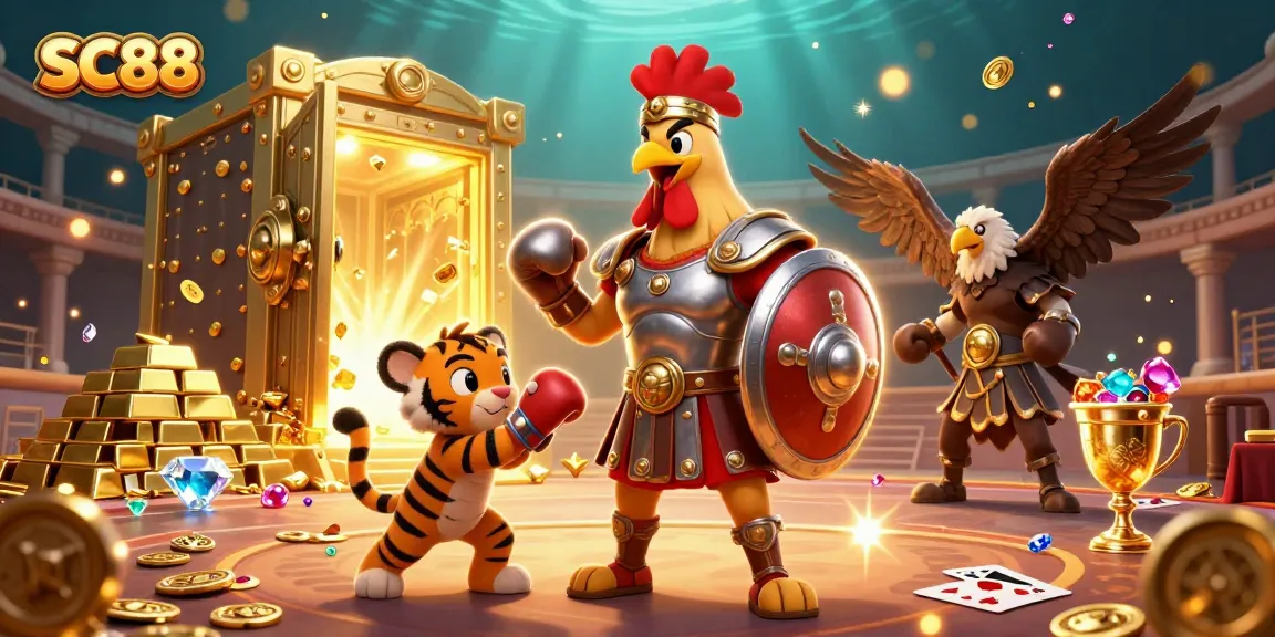 Engage with SC88's vibrant casino scene featuring a gladiator rooster and treasures.