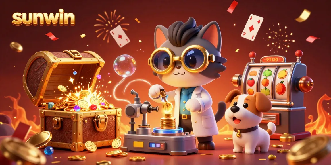 Sunwin's exciting gaming scene sparks joy with animated characters, coins, and slot reels.