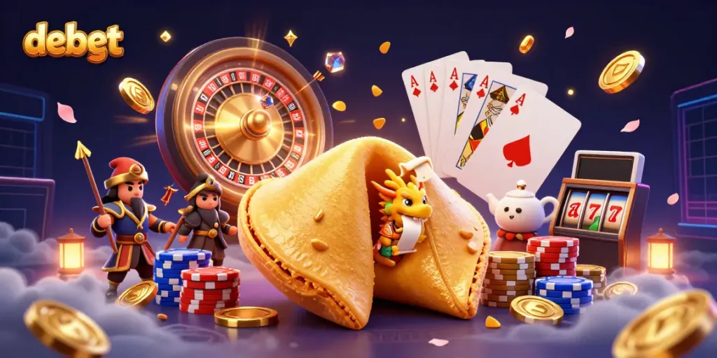 Experience thrilling gameplay with debet in this vibrant 3D casino illustration featuring a golden fortune cookie.