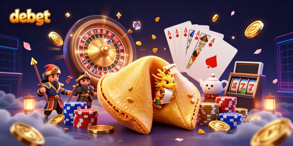 Experience thrilling gameplay with debet in this vibrant 3D casino illustration featuring a golden fortune cookie.